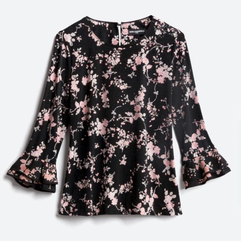 Karl Lagerfeld Yessie Trumpet Sleeve Floral Blouse Medium NWT